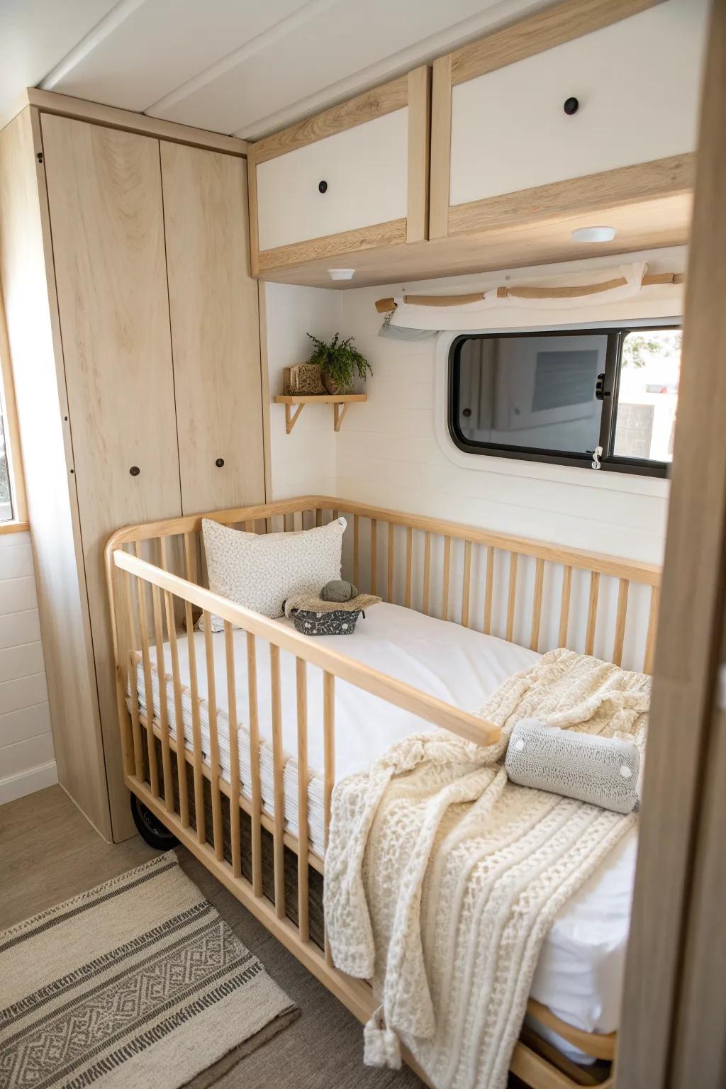 Mini crib tucked into the RV bunk nook—cozy, walkway-friendly, and beautifully minimalist.