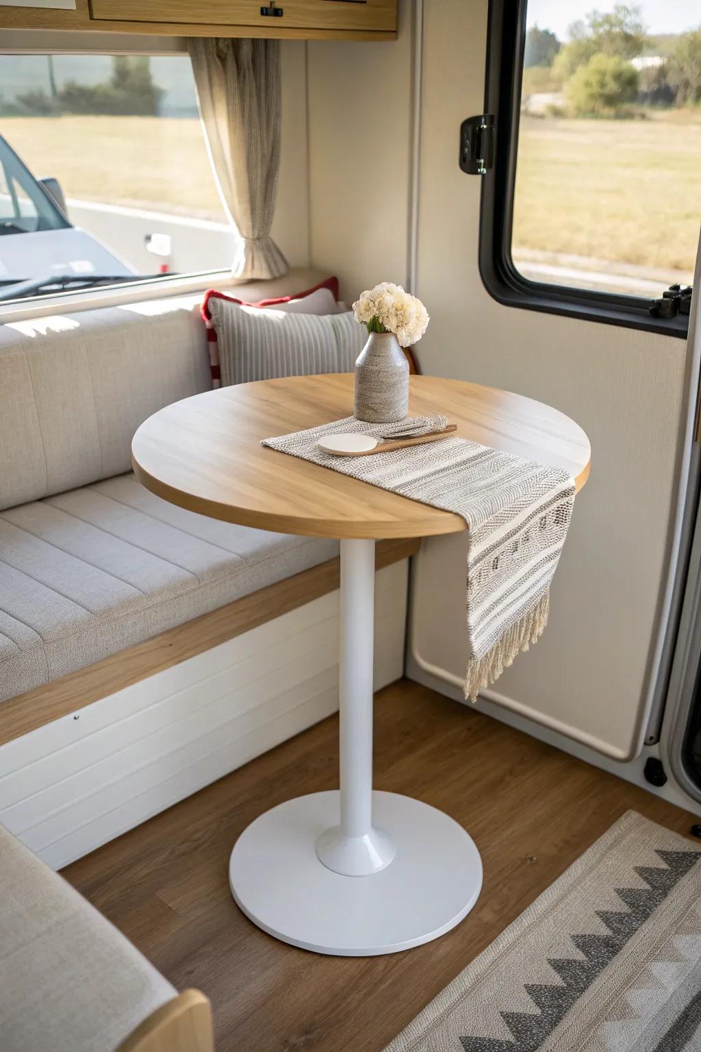 Swap the booth for a freestanding table—instantly lighter, flexible, and more open.