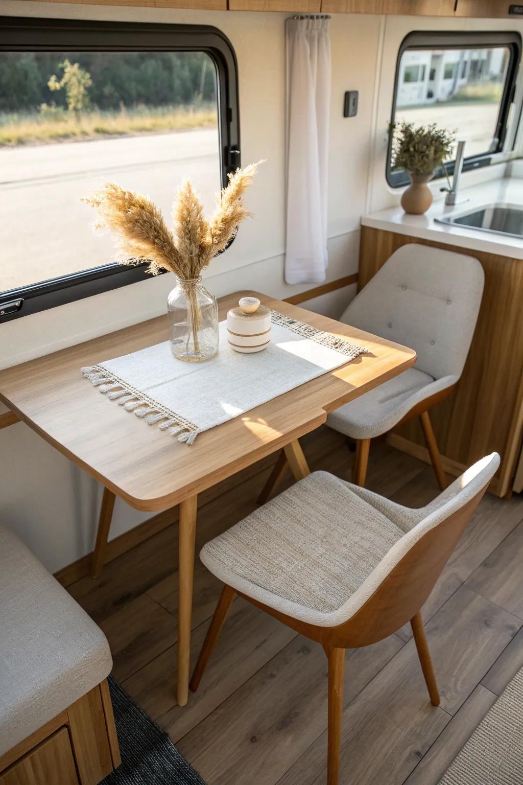 Swap the bulky booth for a freestanding table—sleek lines, better flow, and airy RV dining.