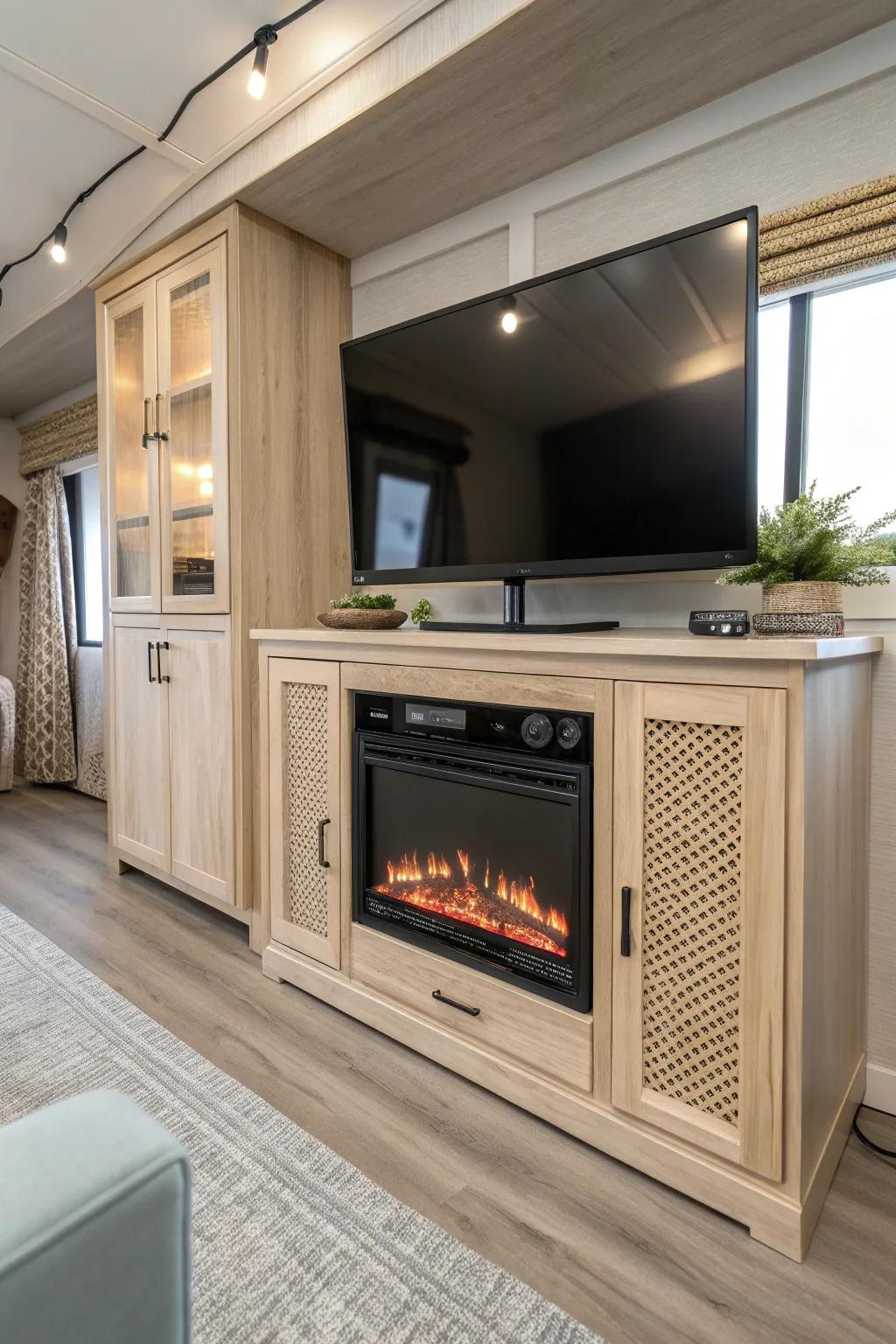 Small-space RV win: a sleek under‑TV fireplace console that warms up your whole lounge.