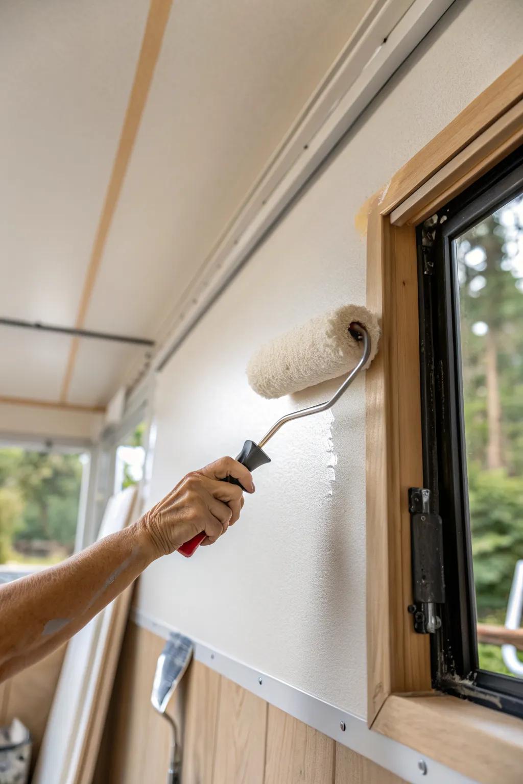 Warm white walls in an RV: one quick coat that makes the whole space feel bigger.