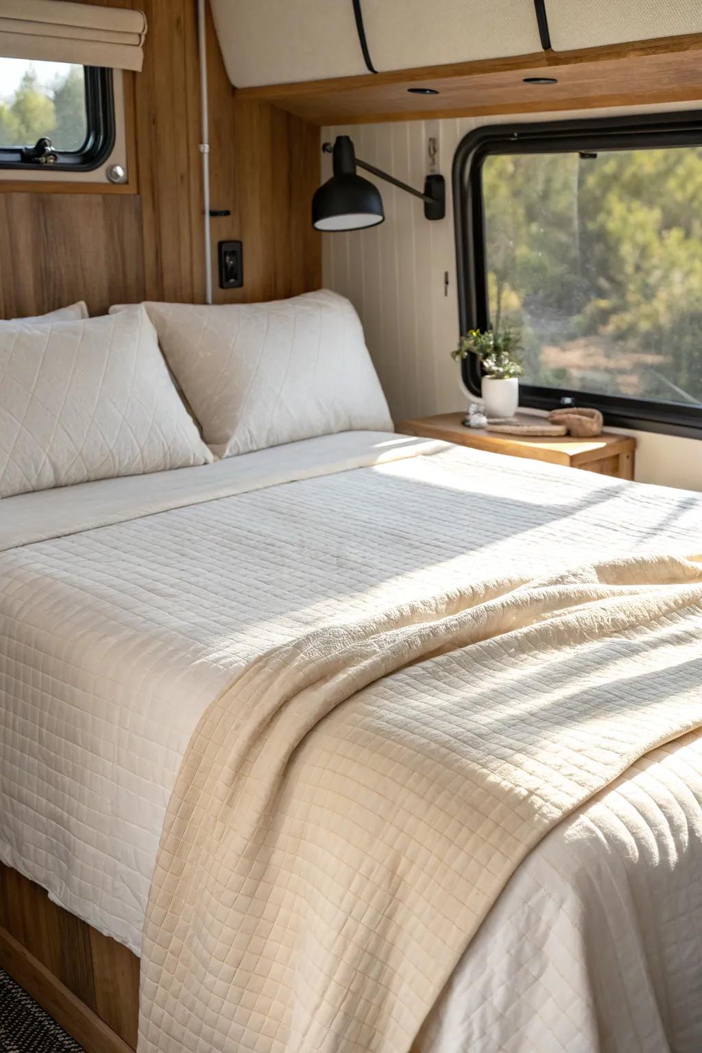 Light linen bedding in creams and taupes instantly makes an RV master feel bigger and calmer.