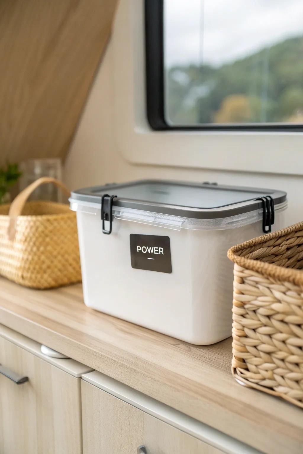 Sealed, labeled bins make RV pass-through storage grab-and-go, no more digging around.