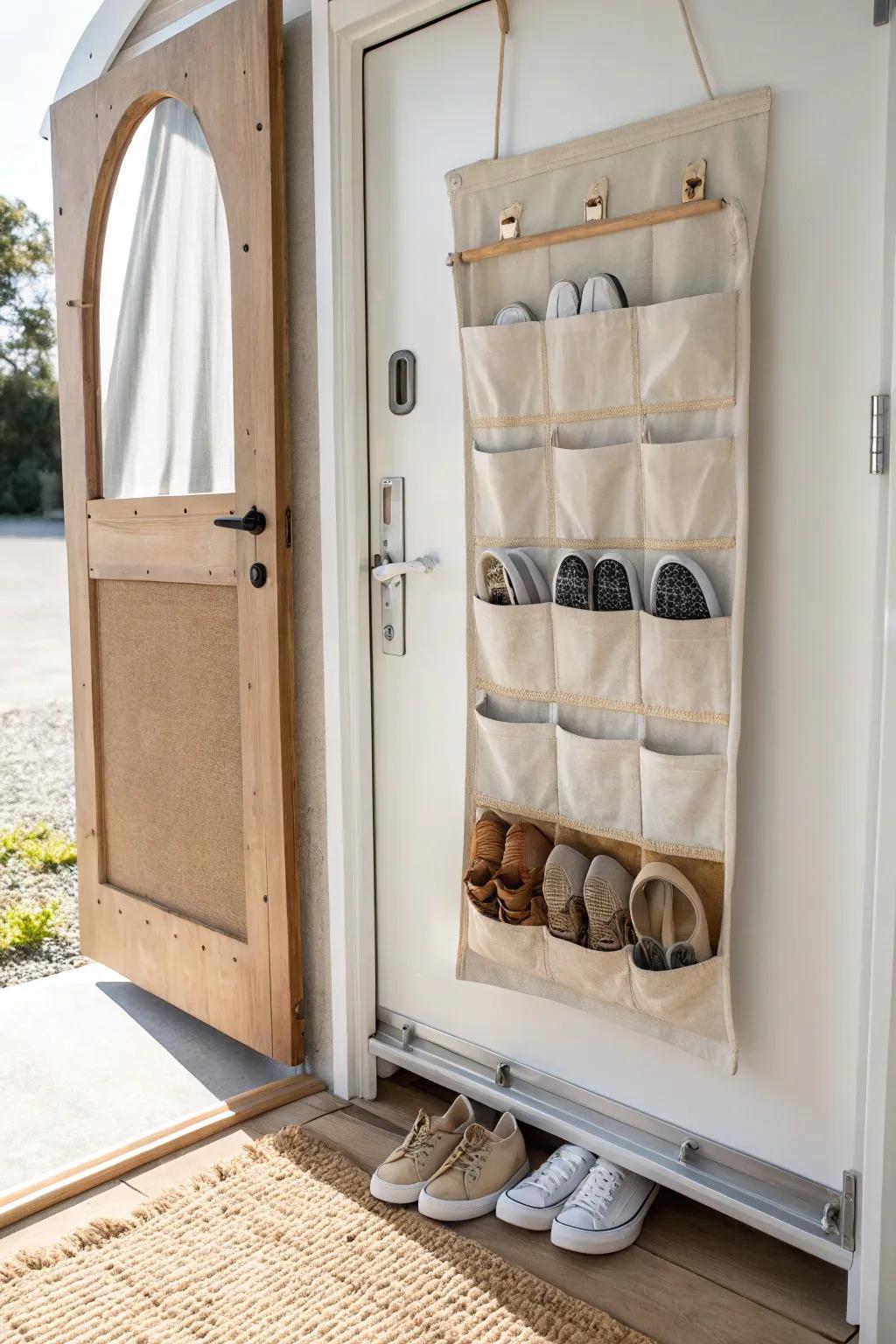 Over-the-door pocket organizer: the fastest way to keep RV shoes off the floor.