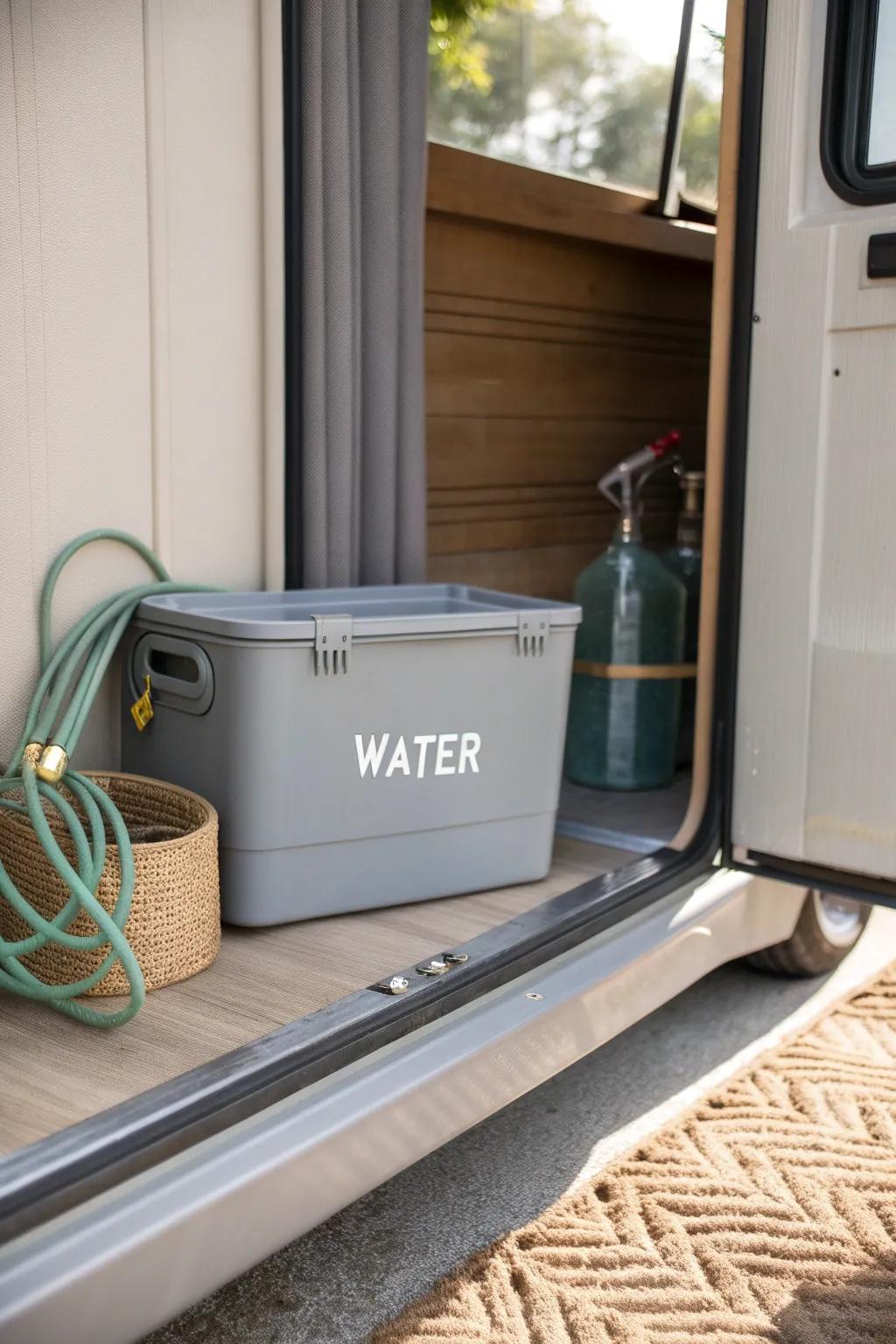Zone your RV pass-through: one labeled weatherproof tote keeps water gear easy to grab.