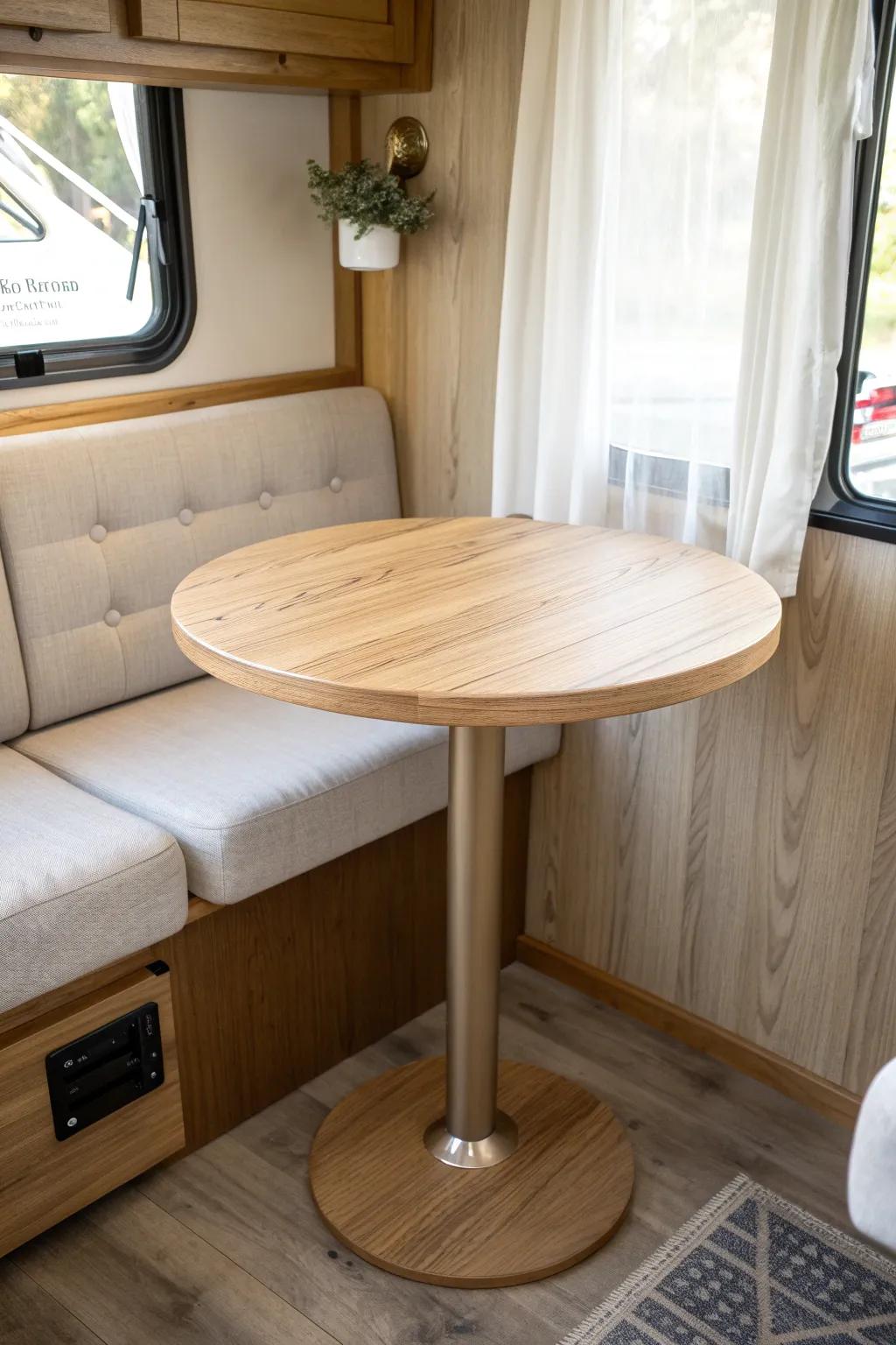 A slim freestanding oak RV table makes the dinette feel open—easy to move, easy to love.