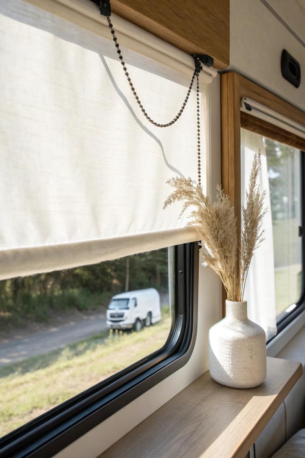 Crisp linen roller shade for an RV window—modern, calm, and space-saving in seconds.