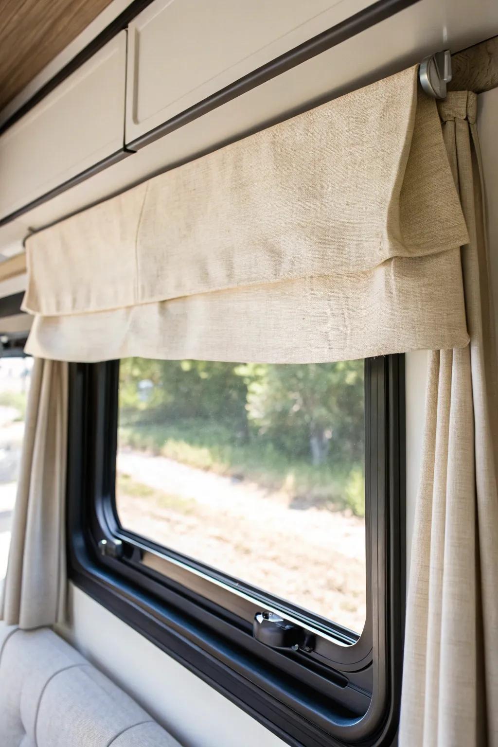 Wrap the existing RV valance box in linen-look fabric for a brighter, calmer window in minutes.