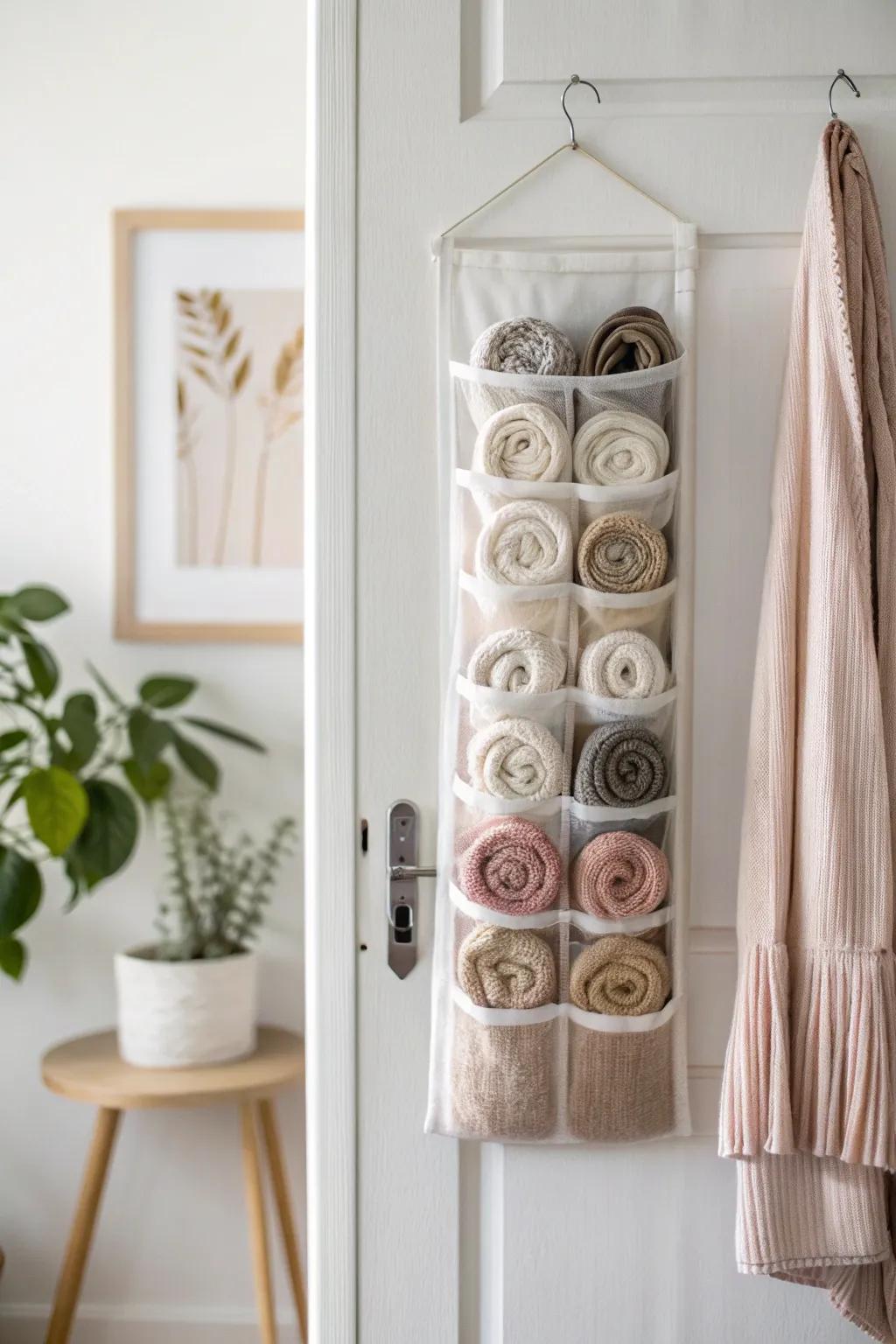 Turn dead door space into chic scarf storage—rolled scarves in pockets, always visible.