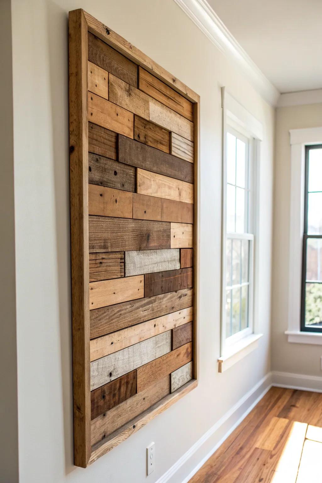 Rustic plank patchwork wall art—scrap wood charm that fills a blank wall, simply.
