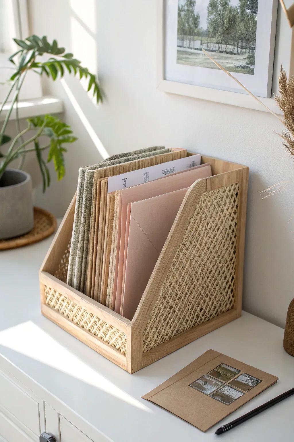 Store 12x12 scrapbook paper vertically—flip through like files and save precious space.