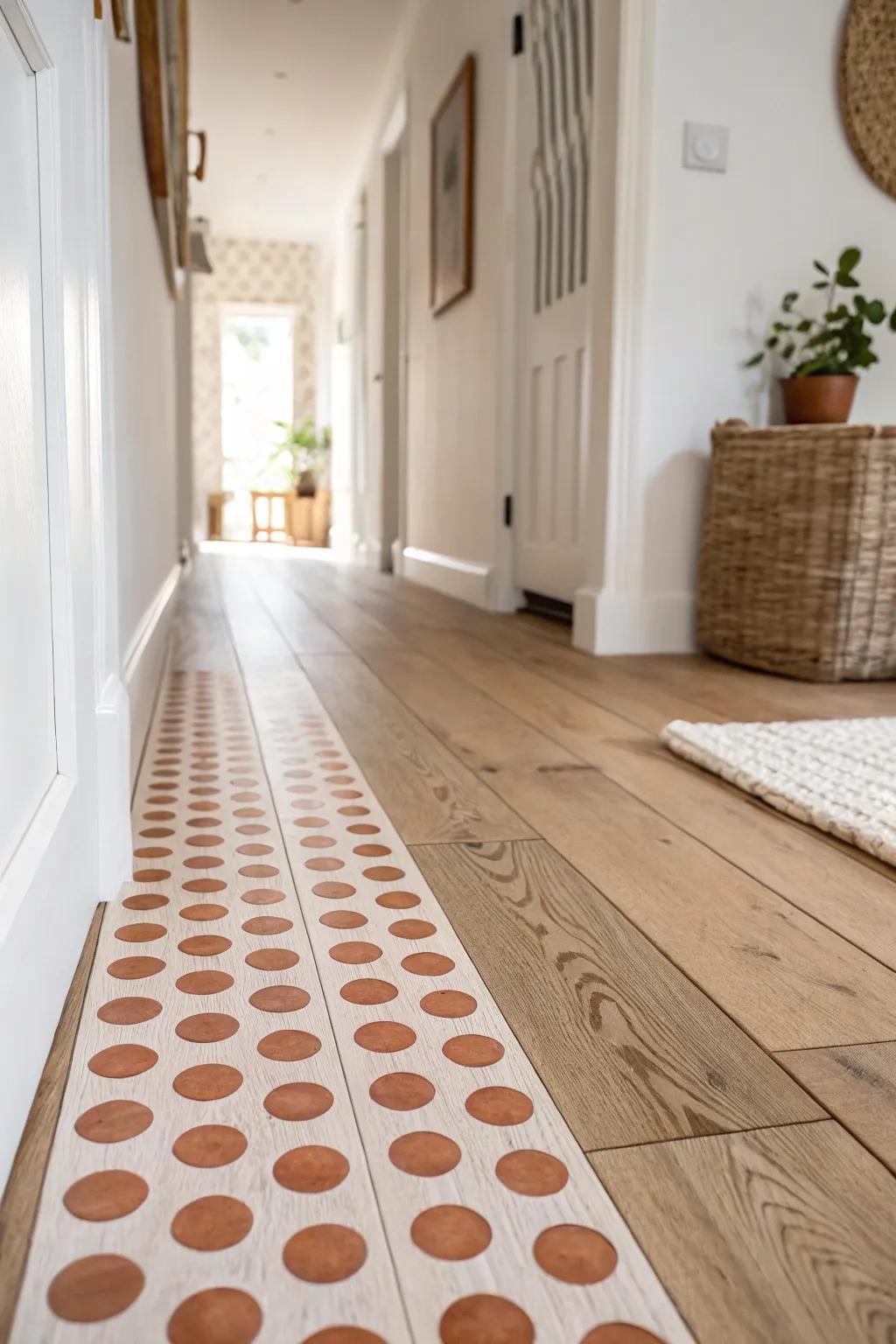Peel-and-stick dots turn a small hallway into a calming sensory path for steps, jumps, toe taps.