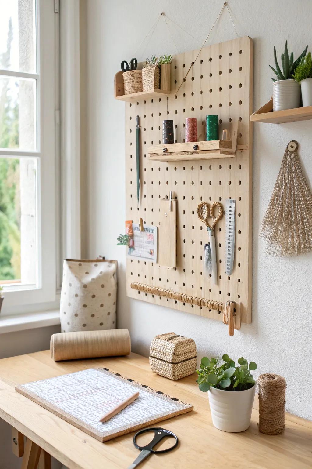 A birch pegboard tool wall keeps scissors, rulers, and cutters within easy reach—no floor space.