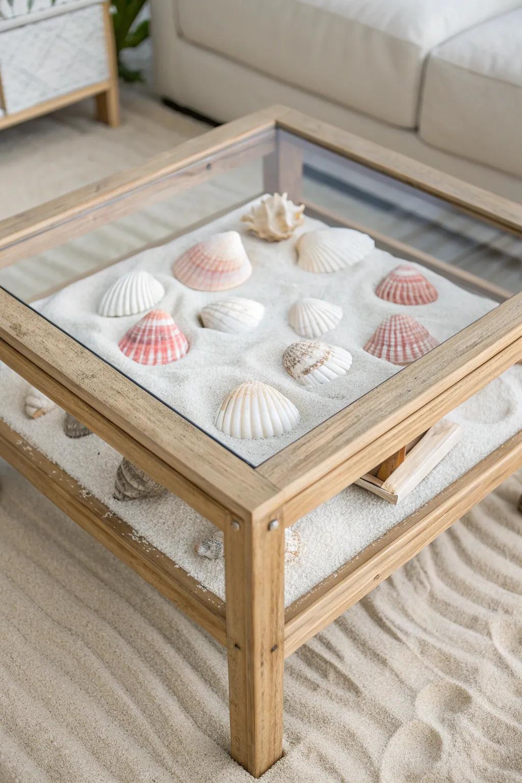 Coastal calm in a shadow box coffee table—layered sand, shells, and driftwood for mini-getaway vibes.