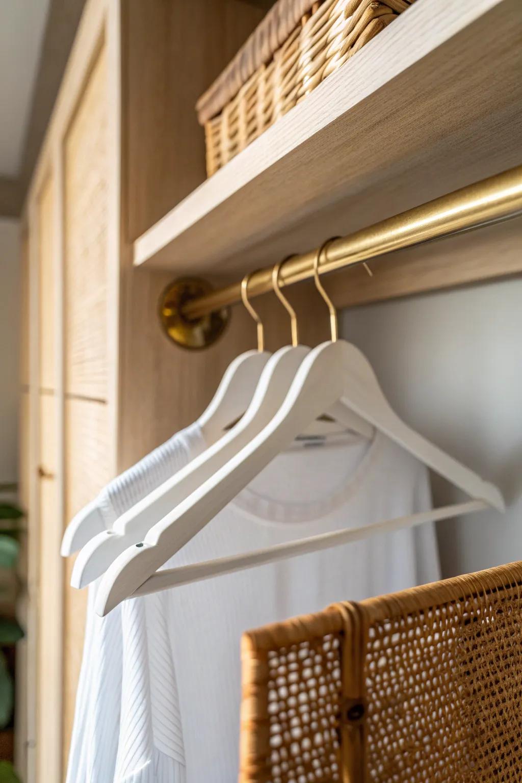 Slim, short hangers stop awkward angled clothes in shallow closets—quick fix, clean look.
