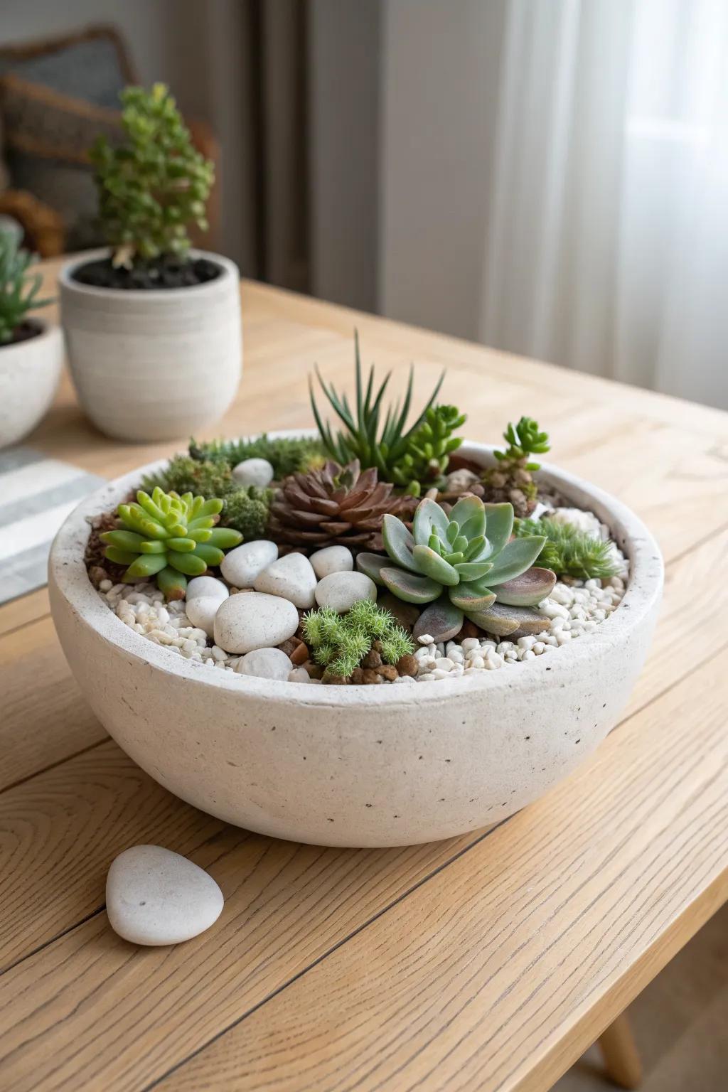 A classic shallow succulent bowl finished with white pebbles—clean, modern, and space‑smart.