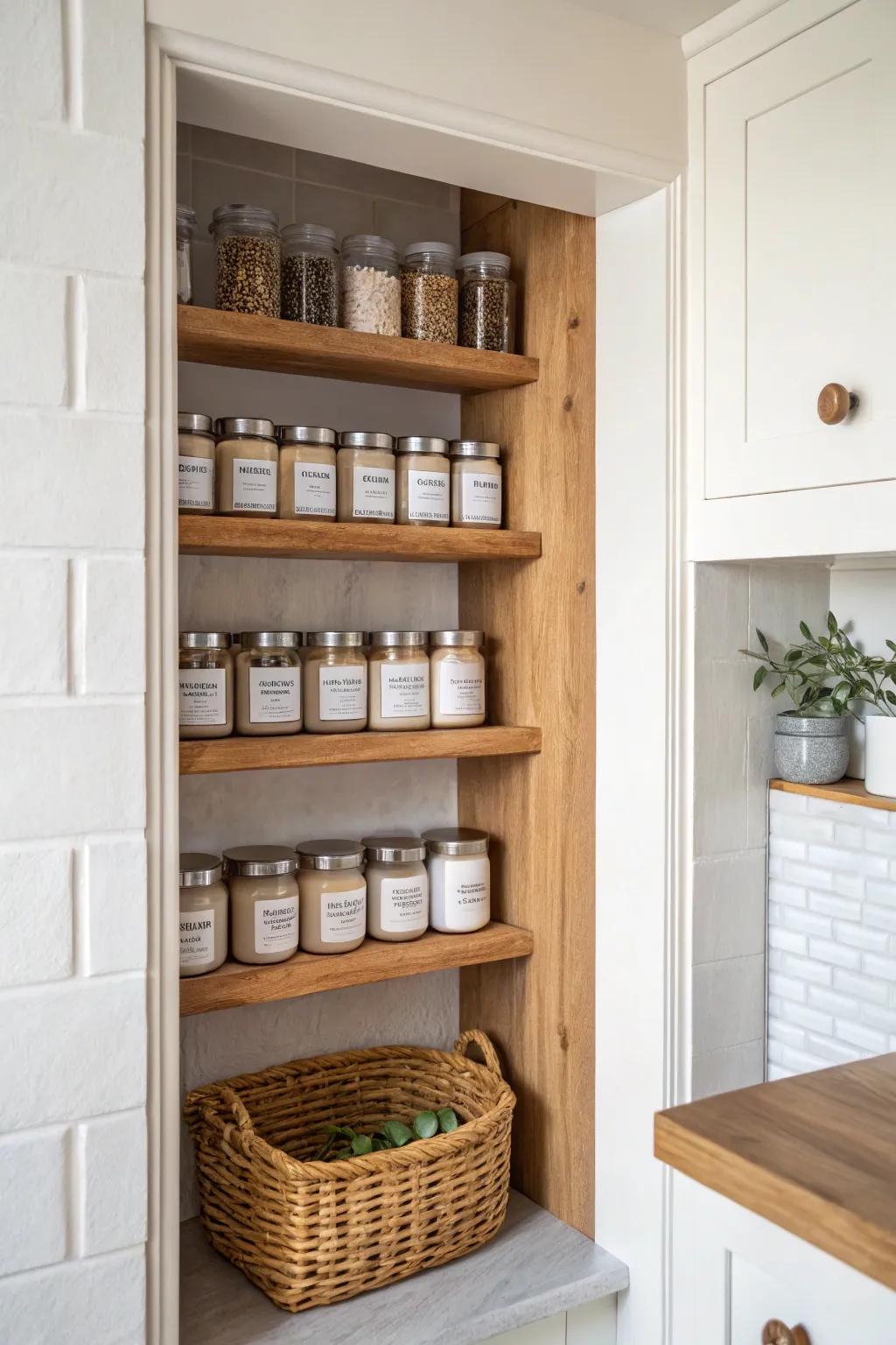 Can-depth recessed shelves between studs: a zero-floor-impact pantry that stays perfectly tidy.