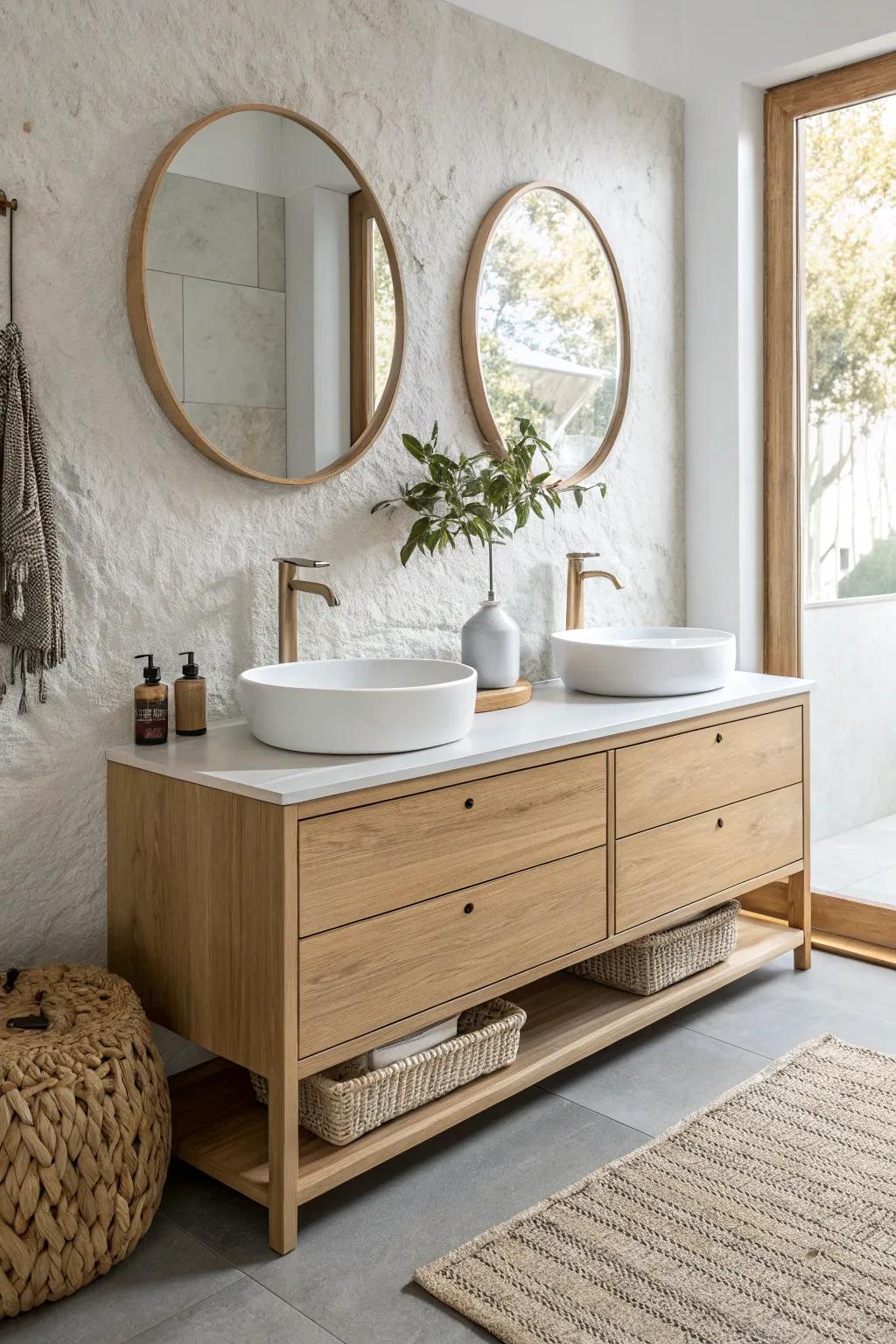 A space-saving double vanity: two petite basins in warm oak for peaceful shared mornings.