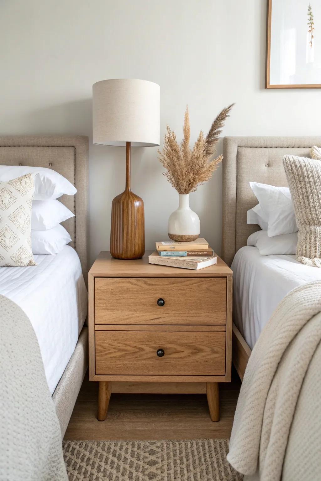 One shared nightstand between twin beds—symmetrical, space-saving, and instantly grown-up.