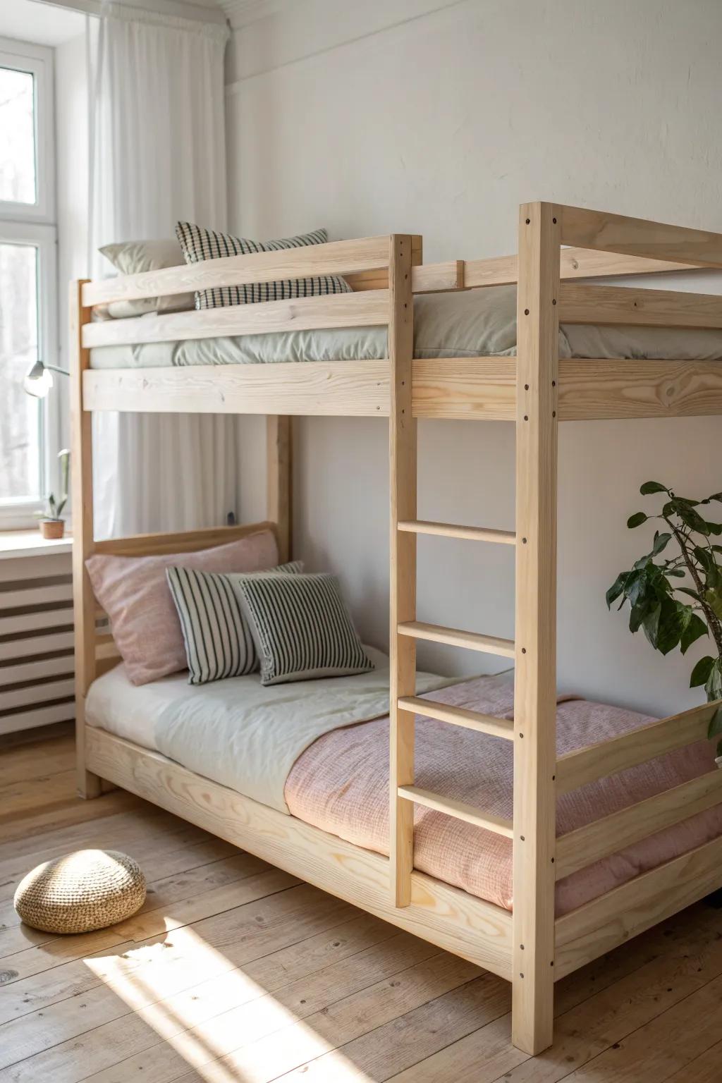 Bunk beds that free up floor space—two calm, distinct looks for a shared sister-brother room.
