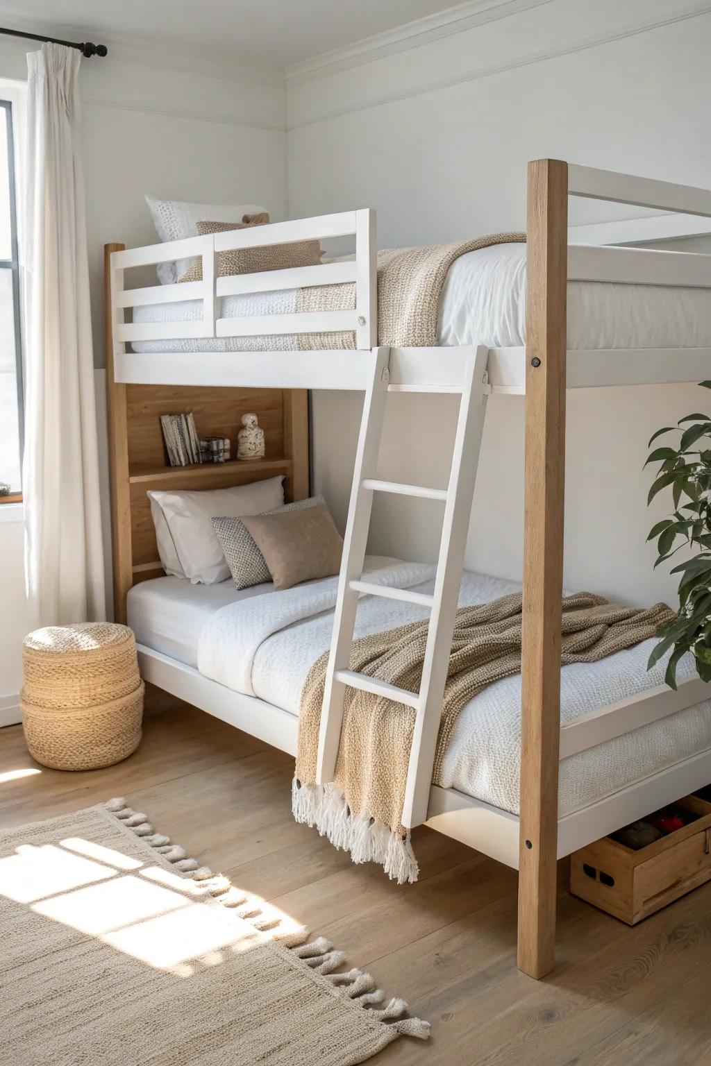 Classic stacked bunks in light oak—two sleep zones, more floor space for play and rugs.
