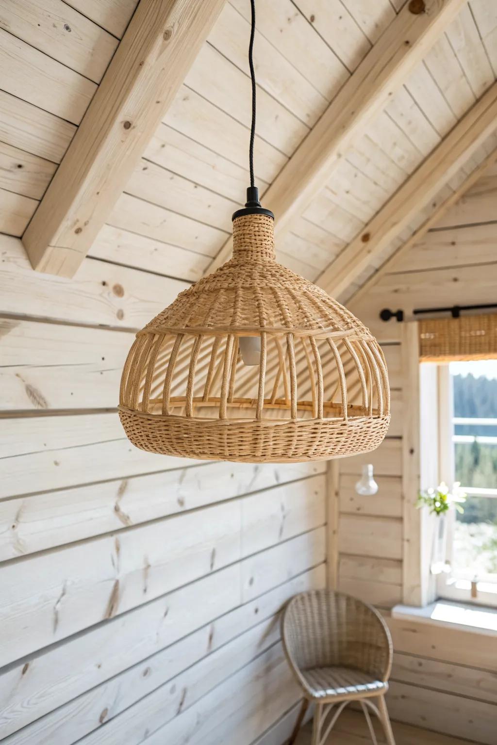 Handwoven rattan pendant glow against whitewashed wood—airy, cozy shed cabin brightness.