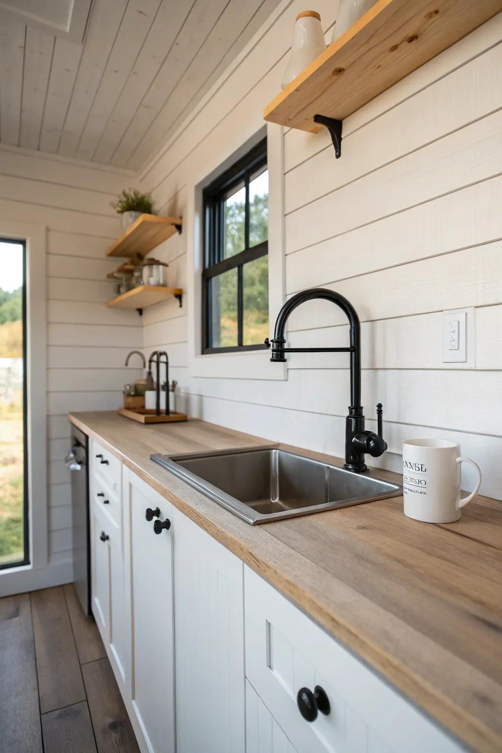 Keep it calm: a one-wall galley run with sink, prep, and cook zones in a single straight line.