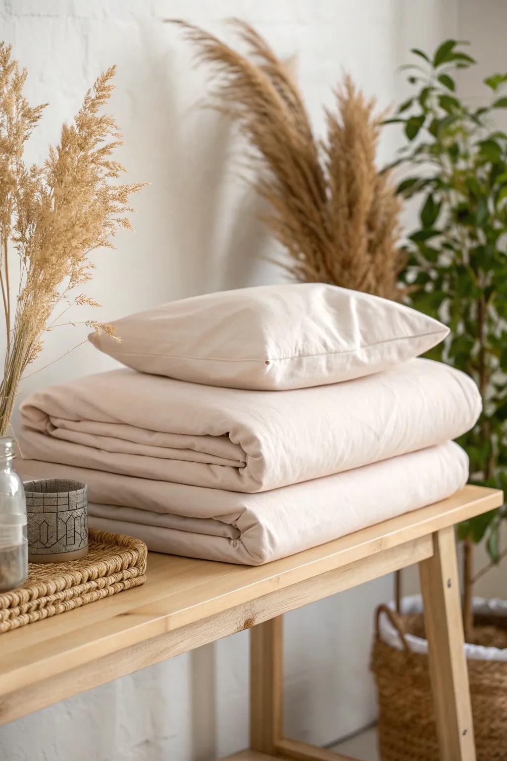 Tuck sheets into a matching pillowcase for a tidy bundle that saves shelf space daily.