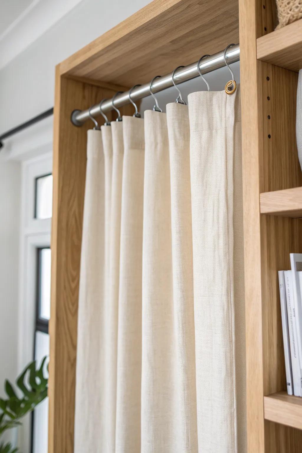 Hide shelf clutter instantly with a no-drill tension rod and soft linen curtain panel.