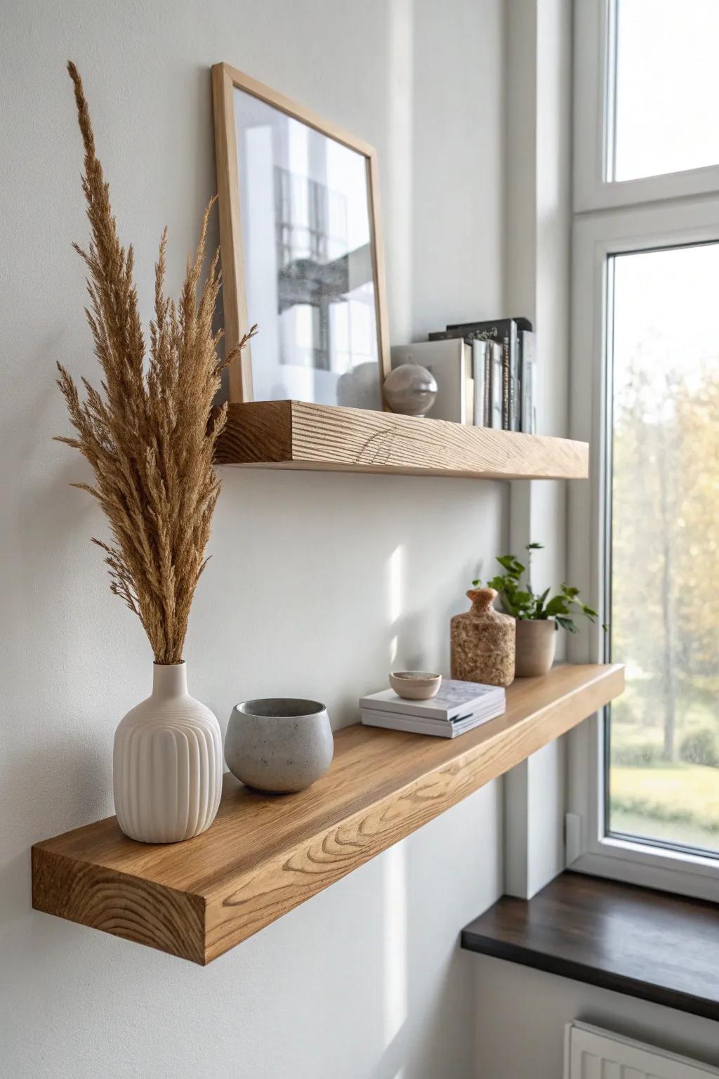 Classic floating shelf styling: warm oak, airy negative space, and calm boho touches.