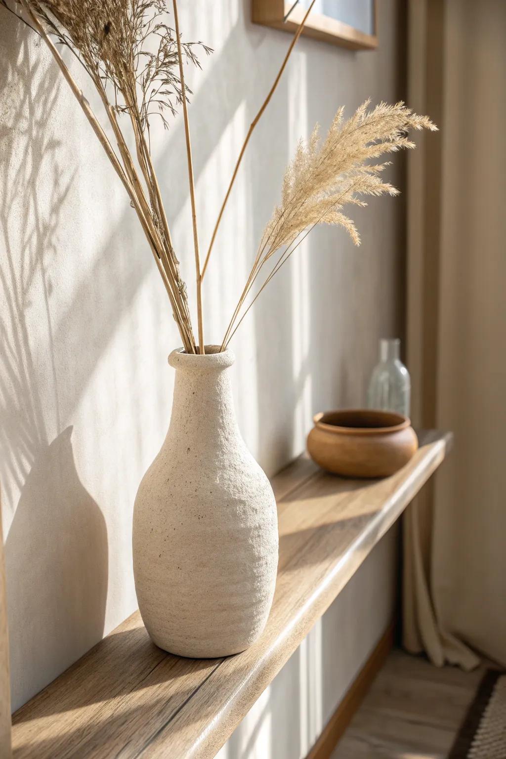 Classic balanced symmetry: one tall vase anchor for small-space shelves that feel calm