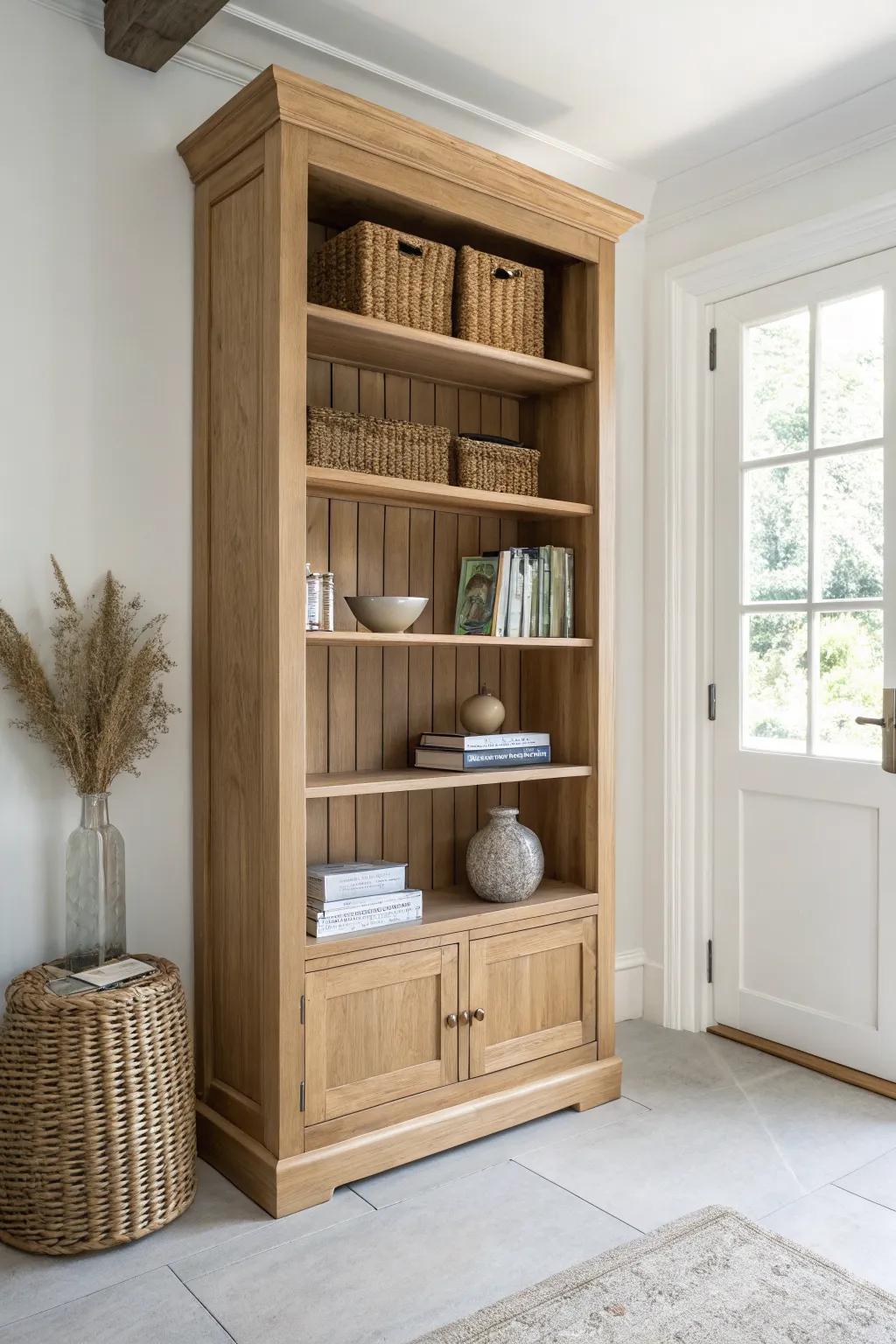A classic tall bookcase wall: warm oak, woven baskets, and calm Scandinavian styling.