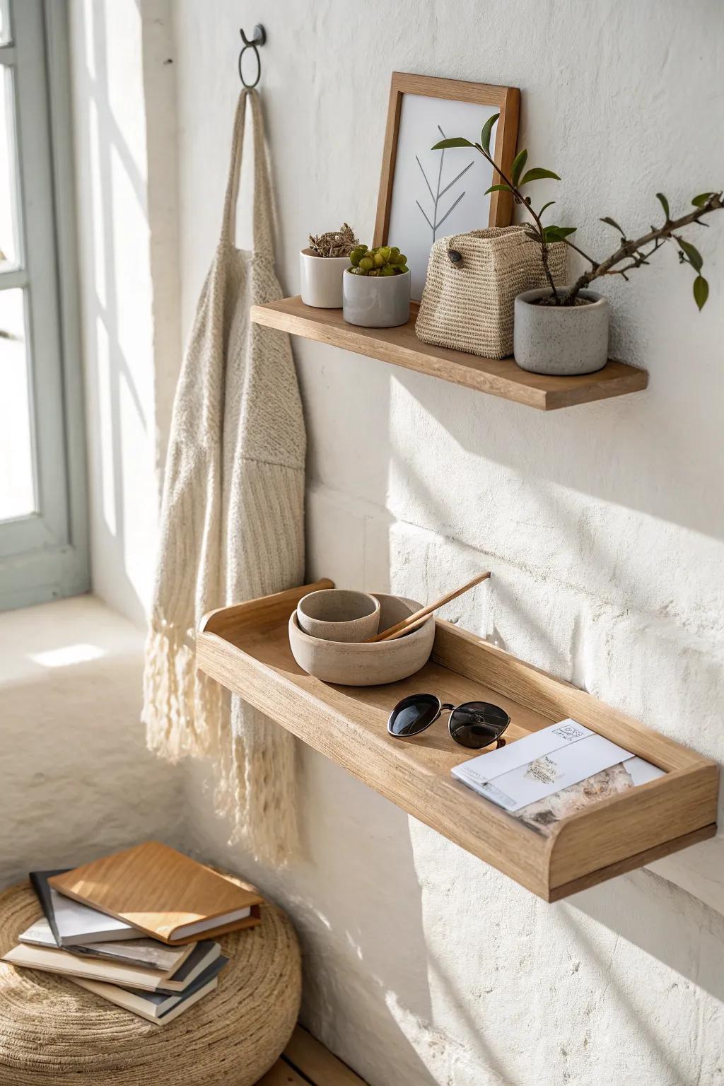 A shallow floating shelf adds vertical entry storage—keys, shades, and mail stay tidy.