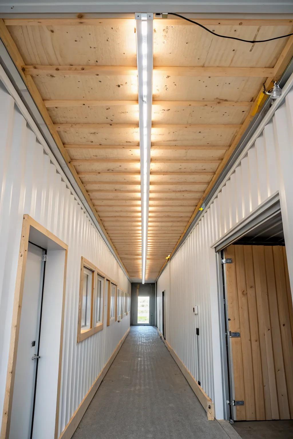 A single centered linear LED turns a narrow shipping container into a bright, inviting space.