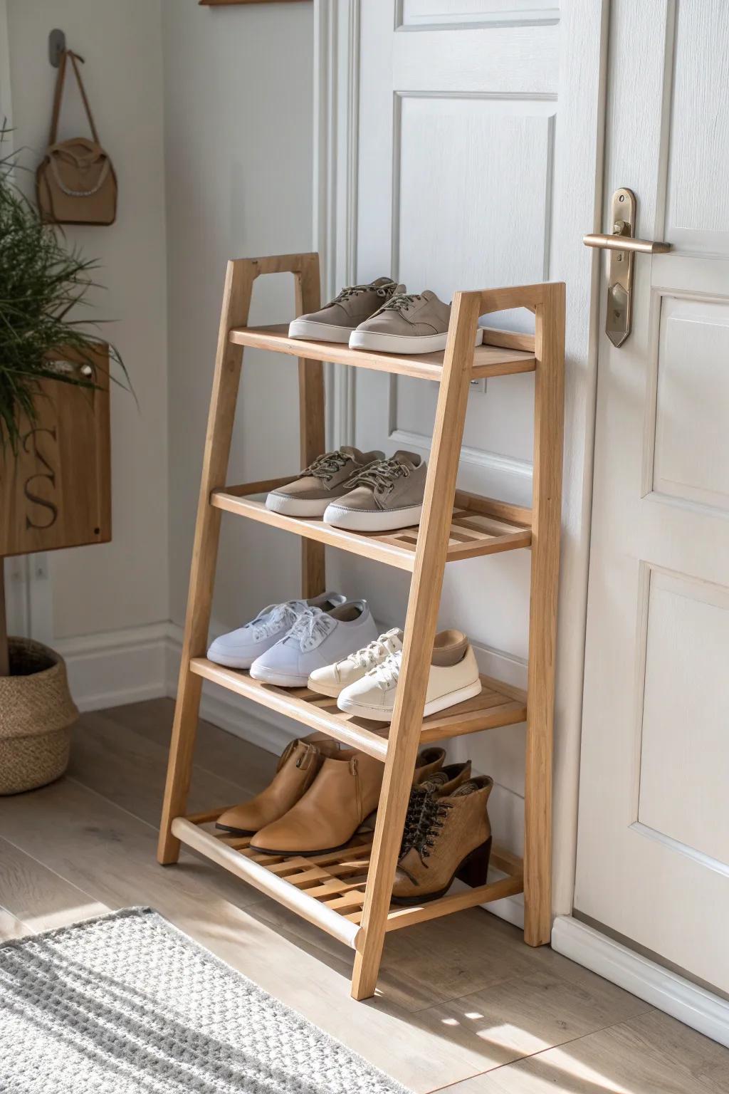 A slim tiered shoe rack by the door keeps daily pairs tidy and the entryway calm.