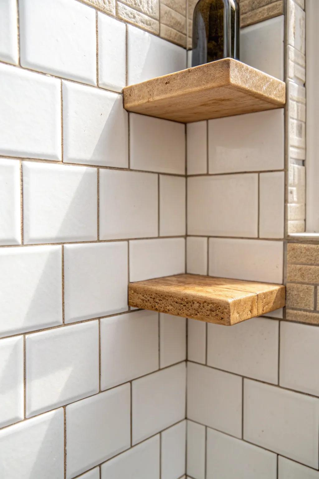 Seamless built-in tiled corner shelf—clean lines, easy to wipe, and beautifully minimal.