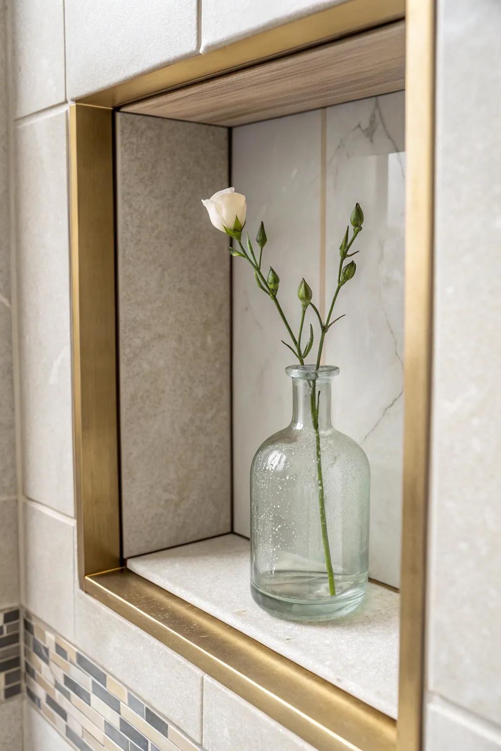 Slim brushed brass edge trim gives a shower niche a crisp, built-in finish with zero clutter.