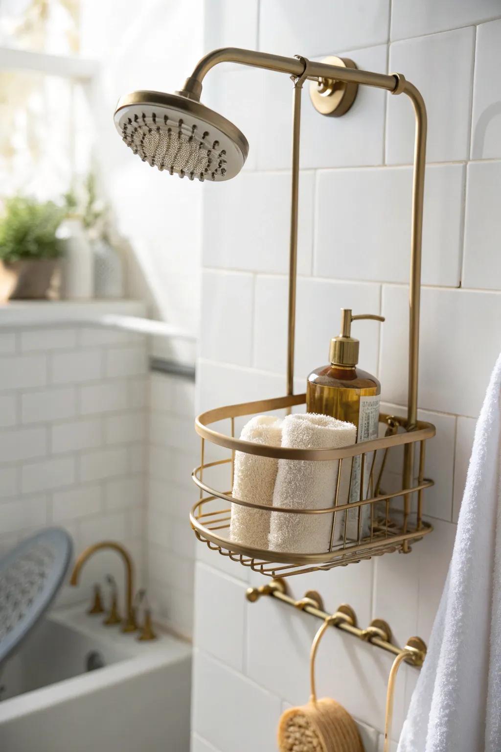 Classic over-the-showerhead caddy in brushed brass—drainage holes and hooks for a tidy shower.