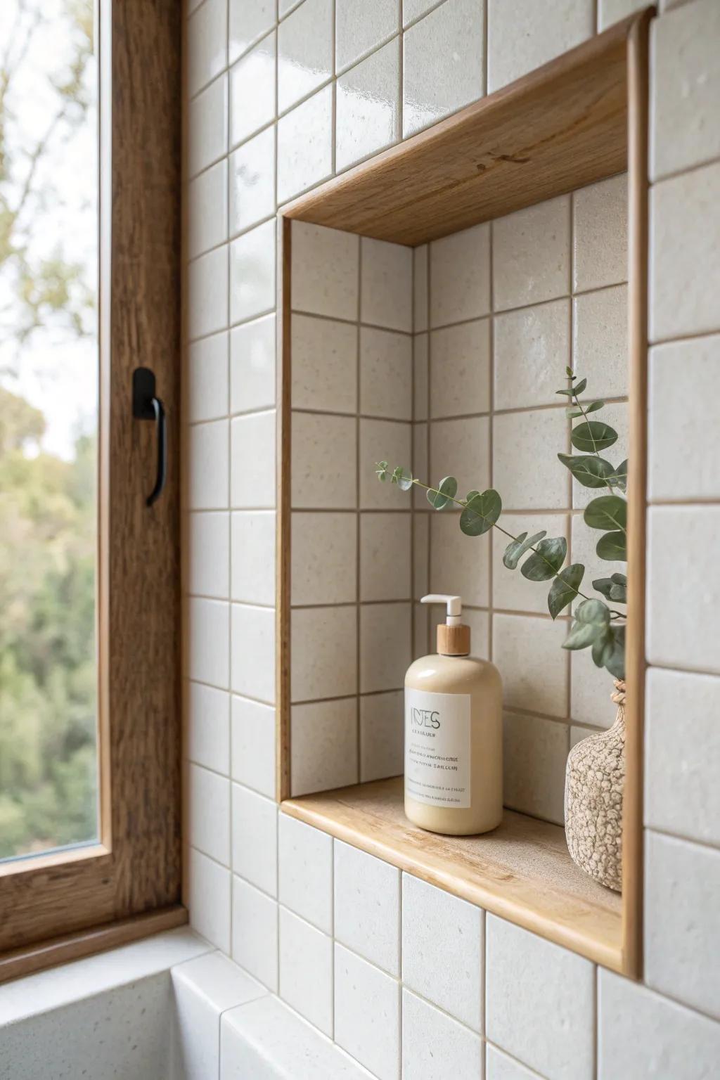 A seamless tiled shower niche that hides storage in plain sight—calm, minimal, and chic.