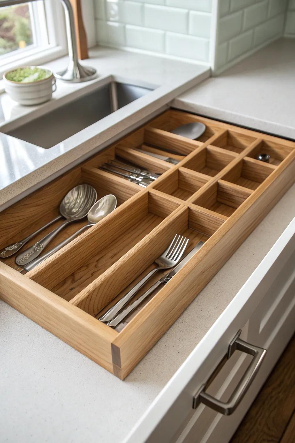A classic oak flatware tray that instantly gives every fork, spoon, and knife a tidy home.