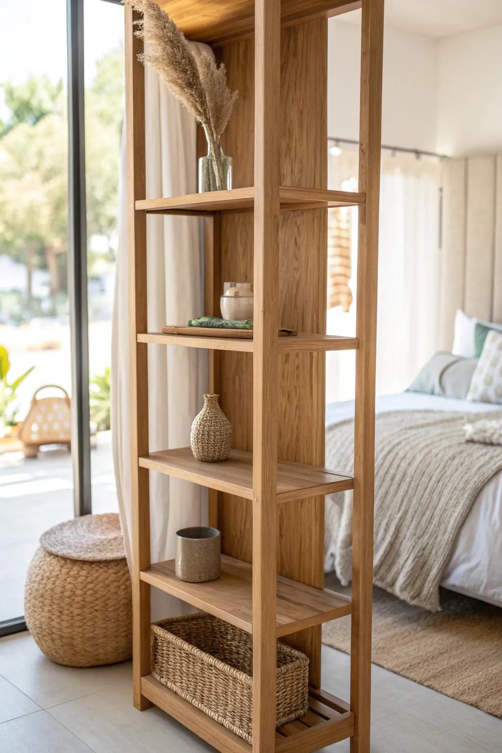 A slim oak divider defines mom and toddler sleep zones—simple boundaries that calm tiny rooms.