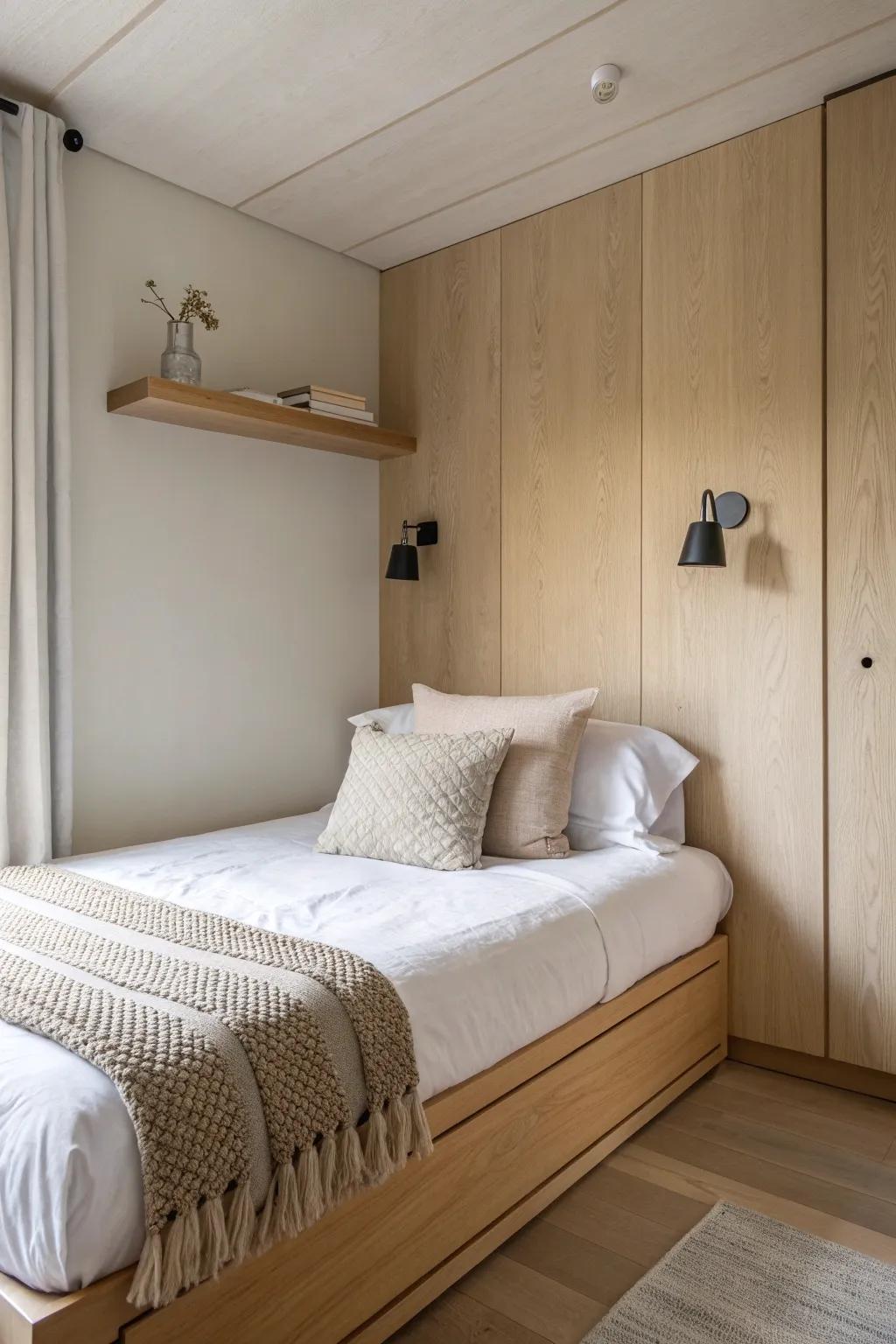 Corner-tucked twin bed nook with layered pillows—cozy, intentional, and space-saving.