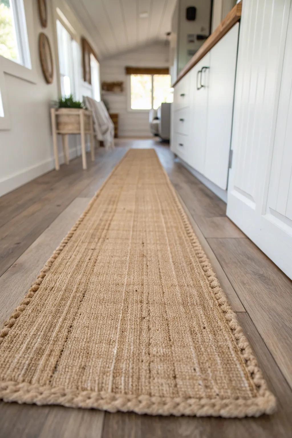 A straight jute runner defines the traffic lane, making a single-wide living room feel wider.