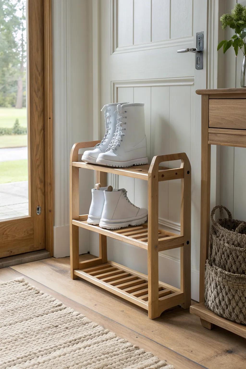 A slim two-tier rack keeps ski boots aired out and tidy right by the door—no floor clutter.