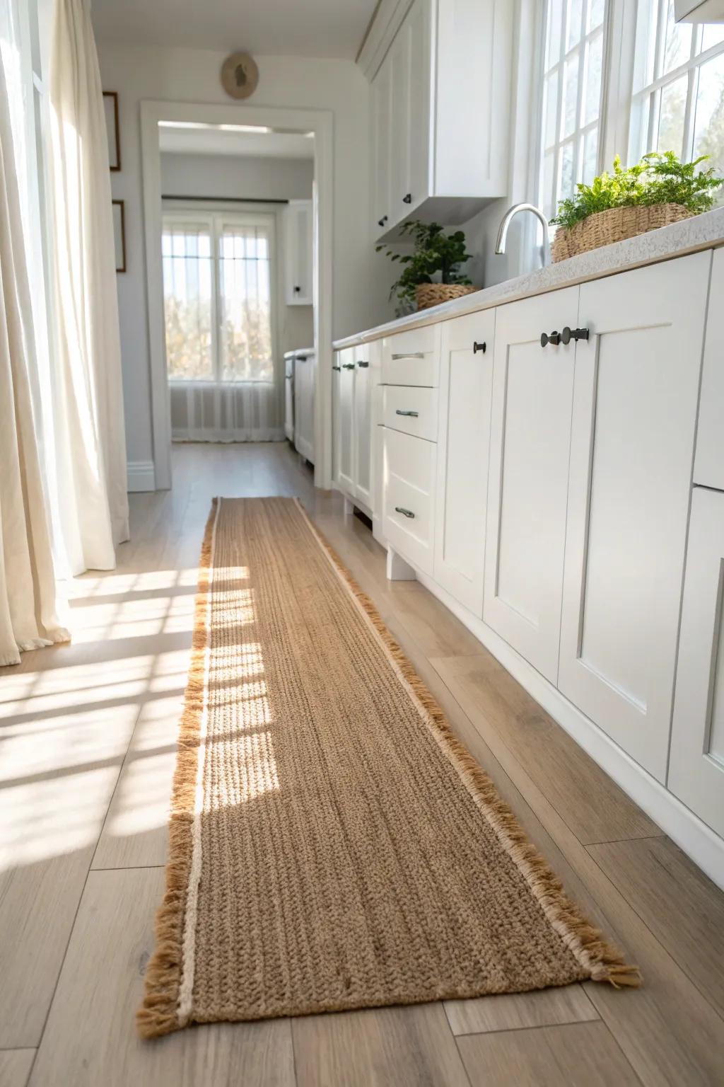A handwoven runner defines the center aisle—open flow, airy feel, and zero side-step clutter.