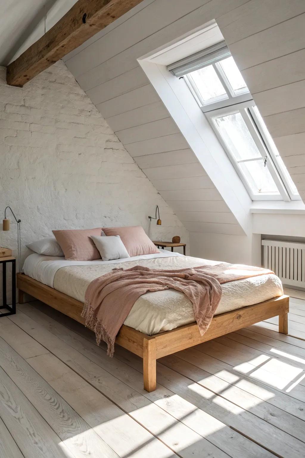 Push a low-profile bed under the slope to open up headroom—and make the attic feel calm.