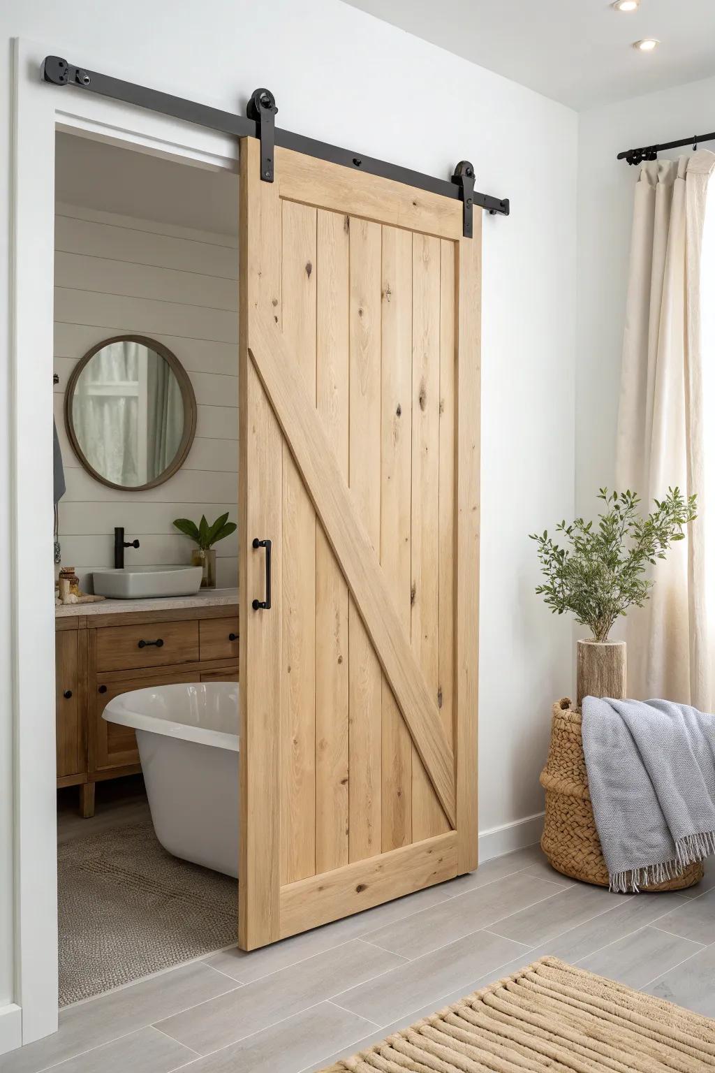 A classic barn-style slider in light oak—space-saving, calm, and effortlessly chic.
