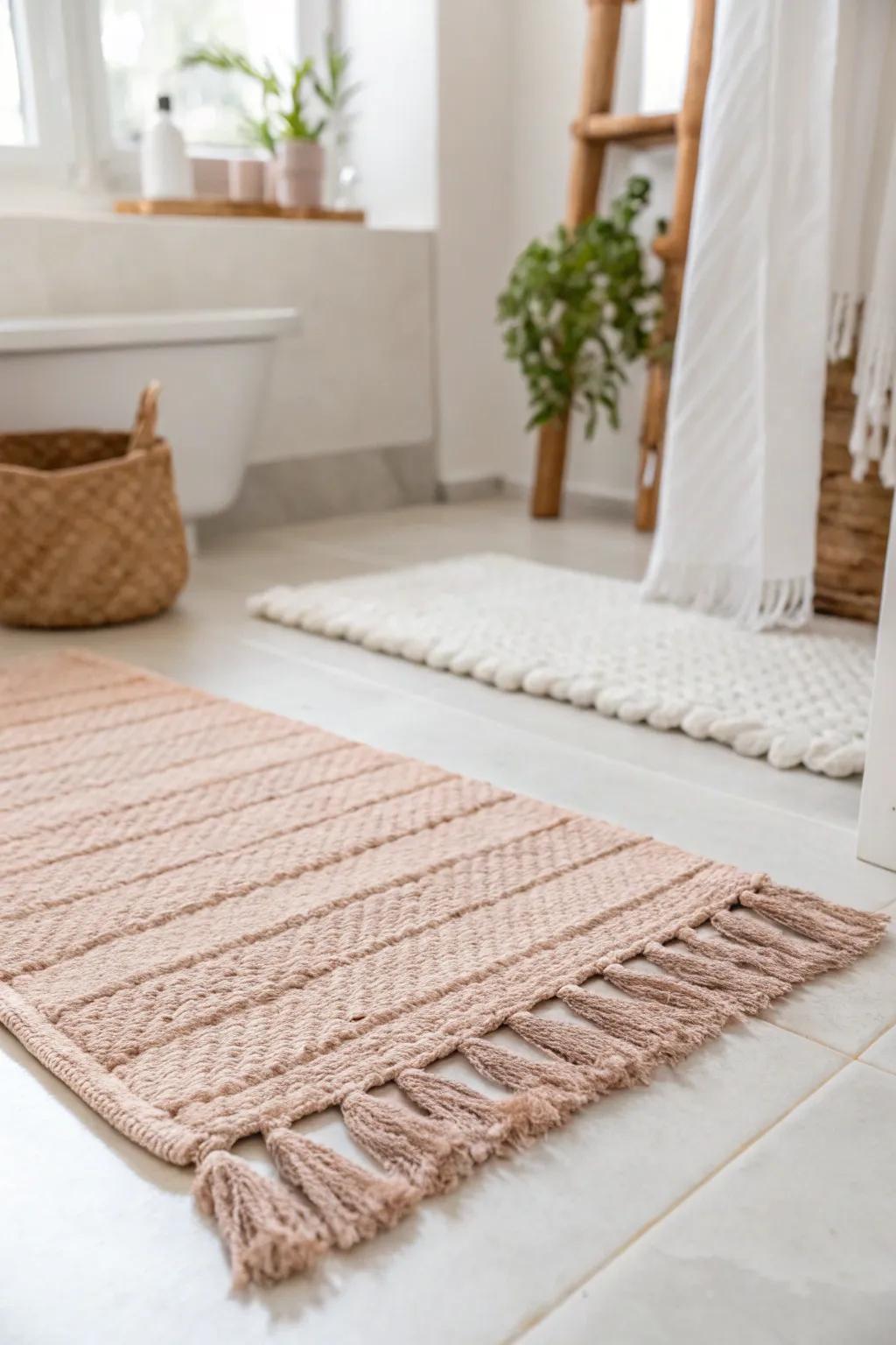 A soft blush bath mat adds gentle contrast while bright neutrals keep a tiny bathroom airy.