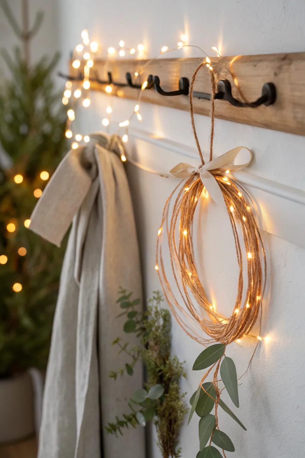 Warm white string lights add instant cozy Christmas glow—perfect for small apartments.
