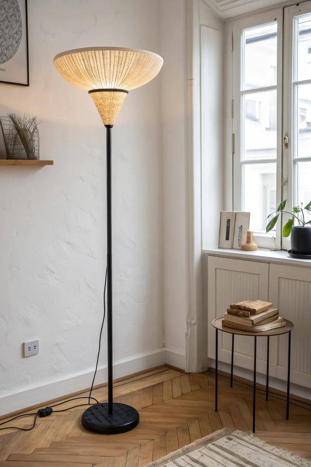 One floor lamp, three moods: ambient + task + accent light for a finished small-space setup.